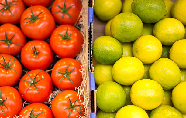 Paris, France: Crates with Vibrant Tomatoes and Lemons Overhead