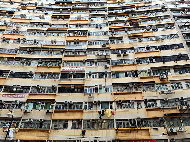 Facade of the large residential Southern building, on King's road, Fortress Hill, Hong Kong island