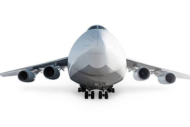 istock Front view of the big transport cargo aircraft isolated on white background 2248730949