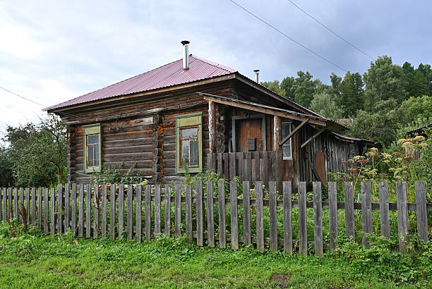 The traditional Siberian hut is abandoned and overgrown with weeds