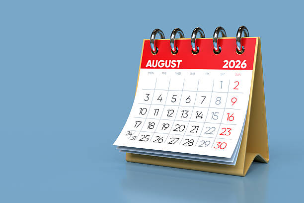 istock Desktop Calendar Showing August 2026 on Blue Background 2248740439