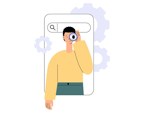 istock Search concept. Cartoon character with search bar. Man with binocular looking for information. Surfing the Internet, website, online company. Search panel in smartphone app. Flat vector illustration 2248741802