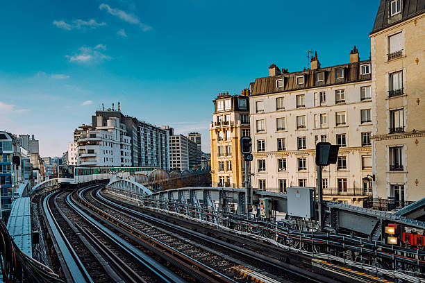 A tram travels along curved elevated tracks beside historic Parisian buildings under a clear blue sky. The scene captures urban transit looping through a dense, scenic cityscape of Paris, France.