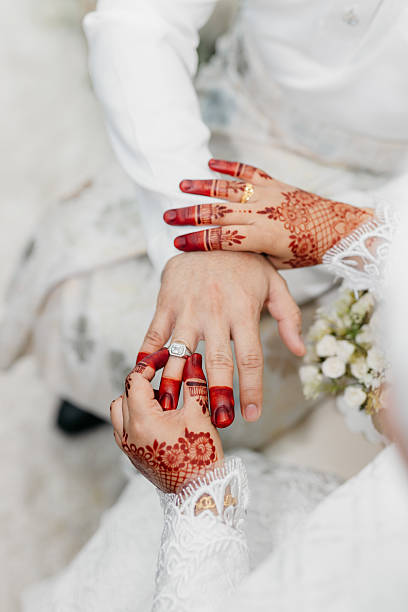 Close-up of a bride with henna-patterned hands placing a diamond ring on the groom's finger during a wedding ceremony