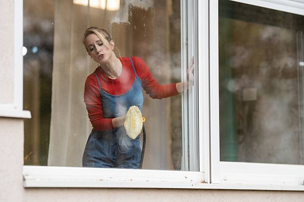 istock Woman cleaning window using steam cleaner at home 2248743692
