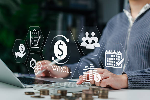 istock Payroll Management and Salary Processing System. Businesswoman calculates payroll, with icons representing employee salaries management, payment scheduling, efficient payroll, financial documentation, 2248744875