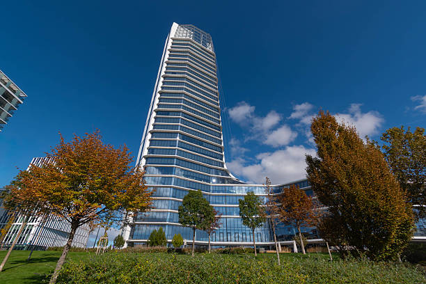 Gdansk, Poland - September 26, 2021: Modern architecture of Olivia Star skyscraper in Gdansk at dusk, Poland.