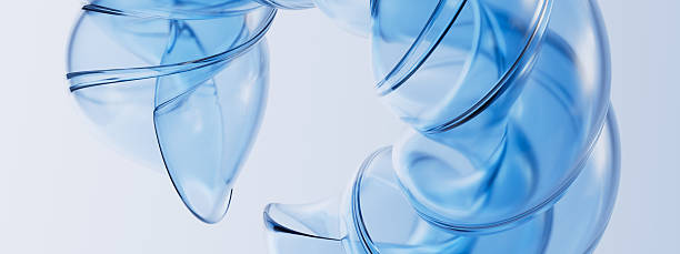 Abstract blue glass or liquid spiral in dynamic motion. Fluid, transparent wave structure on light background. Technology, science, or modern corporate banner design template. 3D rendering.