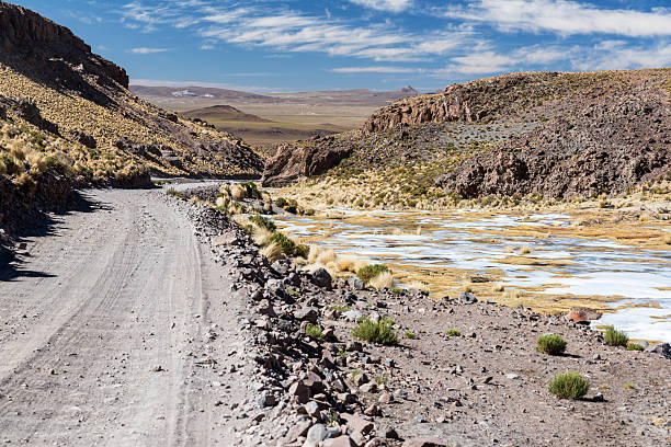 A dirt road stretches through a vast high desert landscape near Uyuni, Bolivia, surrounded by open terrain and distant horizons.
