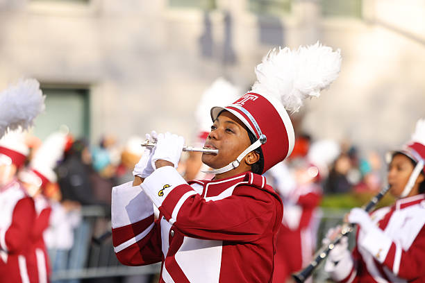 Chicago, Illinois, USA - August 8, 2019: The Bud Billiken Parade, Members of the Kenwood High School Marching Band, performing at the parade