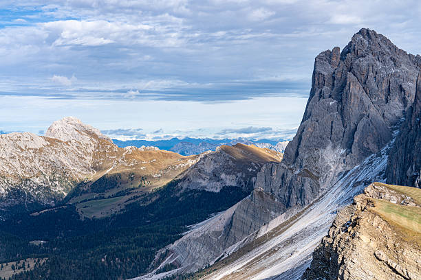 Seceda mountains dramatic cliffs in the Dolomites, South Tyrol, Italy.