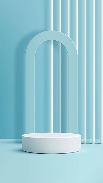 istock Minimalist 3D Product Display Scene with White Cylindrical Podium and Light Blue Arch for Modern Cosmetic Mockup Presentation 2248805958
