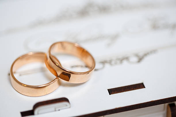 istock Gold wedding rings for newlyweds on wedding day 2248813040