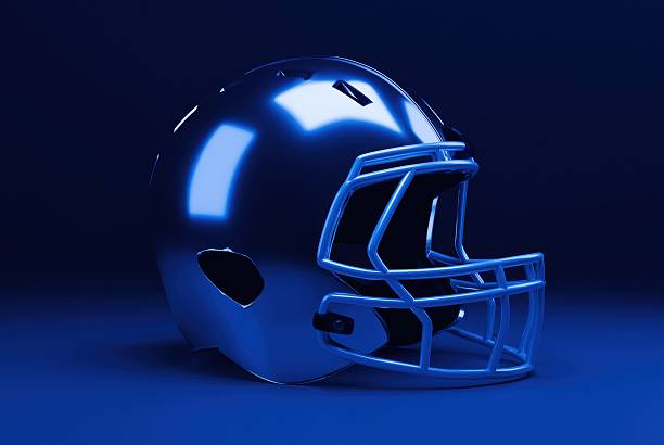 American Football Helmet on Blue Background, Sport and Game Competition Concept
