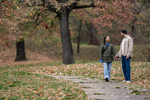 istock Multiracial couple walking in autumn park holding hands 2248828001