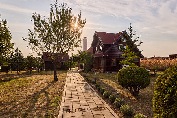 View of the backyard with wooden house.