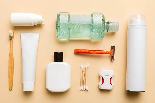 istock Mockup for bathing products top view flat lay, spa razor, toothpaste, soap, gel and other various accessories. Cosmetics for skin health. Bath Mockup for your logo 2248834509