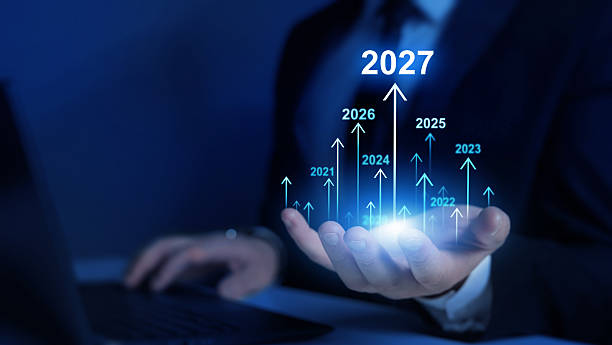 istock Planning,opportunity, challenge and business strategy. Increase arrow graph corporate future growth year 2027. New Goals, Plans and Visions for Next Year 2027 2248835285