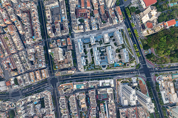 Overlooking urban transportation roads and buildings