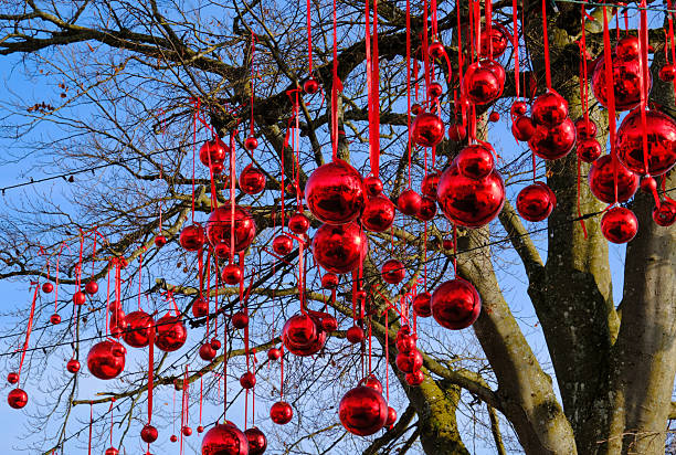 Rote Christbaumkugeln vor blauem Himmel