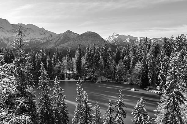 Lac Vert, beautiful mountain lake in winter in the early morning with a peaceful atmosphere