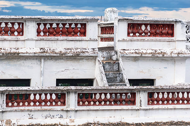 Architectural details of a weathered building in Kallidaikurichi with distinct stairway and balcony features