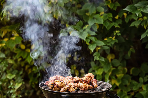 Meat grilling on a small round barbecue with rising smoke and green leaves blurred in the background.