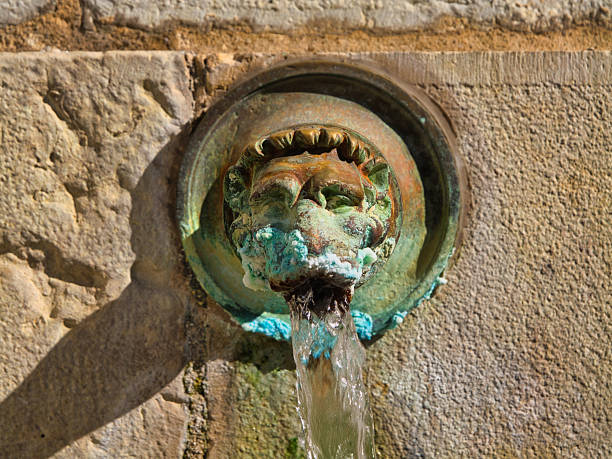 Dax, France - Oct 12 2025: Hot mineral water pours from a weathered bronze lion-head spout at Source de la Nehe in Dax, Landes, France. Warm afternoon light reveals texture and patina.