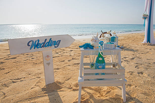 Destination wedding ceremony site on the beach by ocean with trellis and chairs