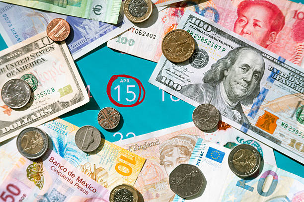 April 15 calendar (US tax day) and money from different currencies