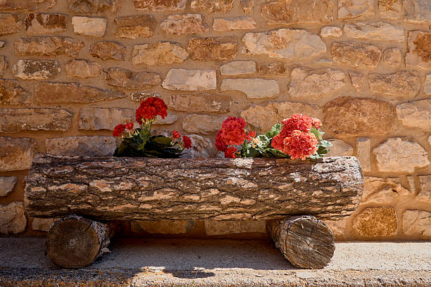 Wooden pot with red flowers