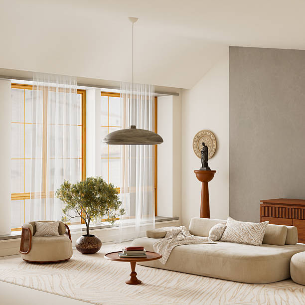 istock Warm natural textures and soft neutral tones define this modern interior with sculptural accents, gentle daylight and subtle wood details, offering balanced text space for a calm visual scene 3D illustration 2248871196
