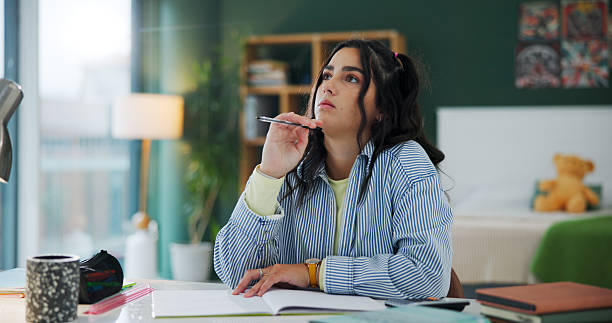istock Home, thinking and woman with ideas, student and planning for assignment, school project and solution. Phd research, university and person with contemplation, problem solving and learning with memory 2248877269