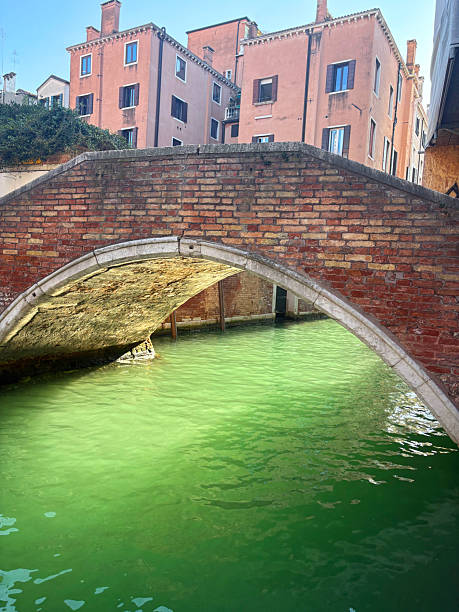 the old water channel with the brick arch bridge in ancient Italian Venice in retro style