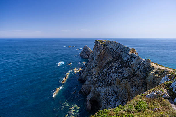 Rugged coastal landscape featuring steep cliffs meeting the blue Atlantic ocean under a clear sky