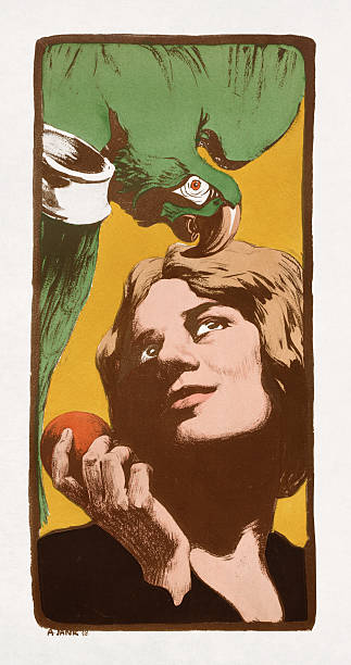 Art Nouveau color lithograph by German artist Angelo Jank titled the Woman with the Parrot.