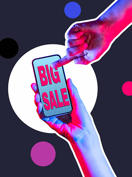 istock Neon hands interacting with smartphone showing Big Sale message 2248885570
