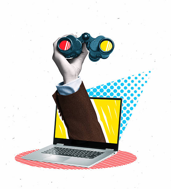 istock Art collage of a hand with binoculars emerging from laptop 2248885626