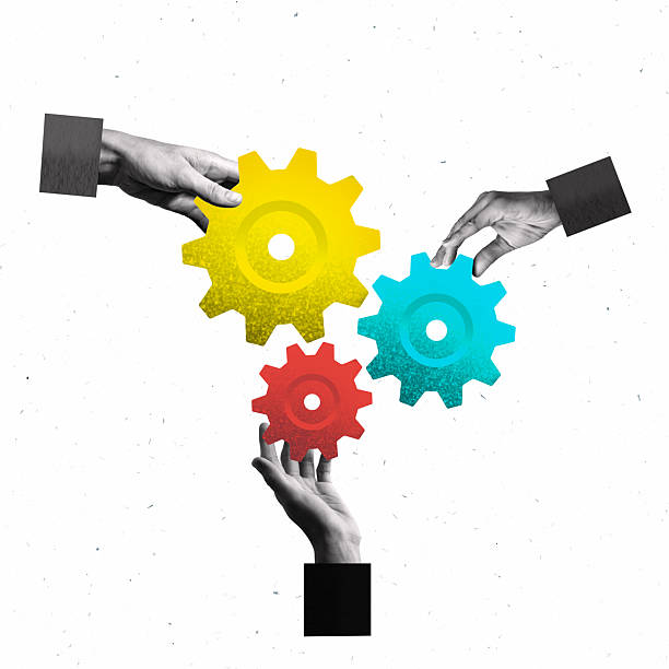 istock Bright creative collage with hands connecting colorful gears 2248887138