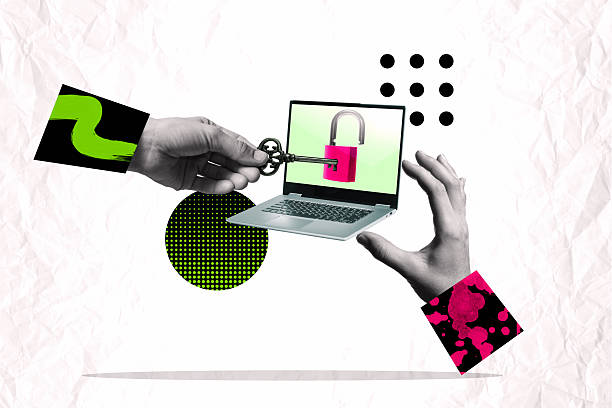 istock Art collage with hands, laptop, padlock and key 2248887395