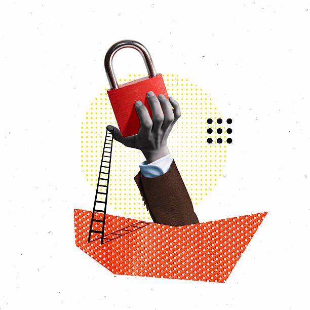 istock Bright creative collage with a hand holding a padlock and a ladder leaning against it. 2248887414