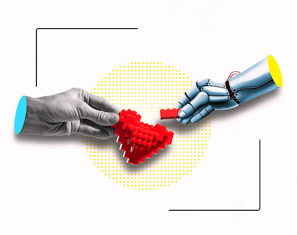 Vivid creative collage showing a robotic and human hand assembling a red heart made of toy blocks. Concept of humanrobot cooperation, technology, and emotional connection.