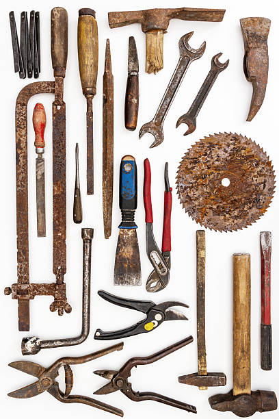 istock Flat lay of old hand tools on white background. 2248893328