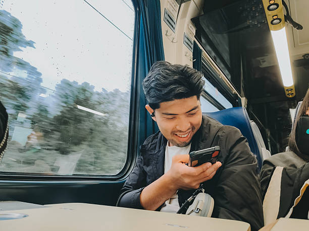 istock Friends Relaxing on Train Using Smartphones. Stock Photo 2248894978