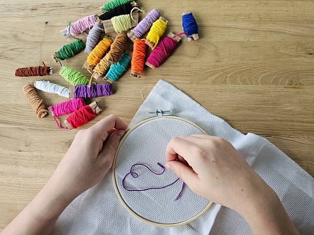 istock Hands creating a colorful embroidery design with thread on fabric during afternoon craft session concept 2248895809