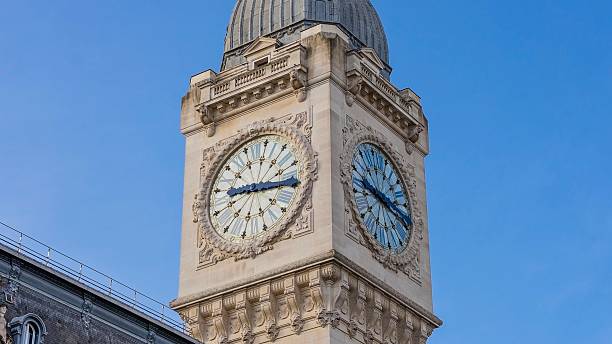 istock Close up of a tall ornate clock tower against a clear blue sky 2248903071