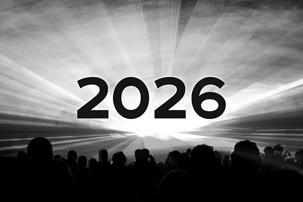 istock Happy new year 2026 black white laser show party crowd 2248908981