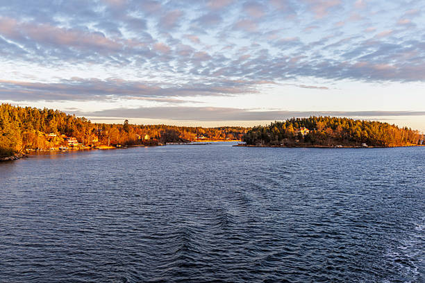 Wide panoramic view of forested islands in the archipelago, with early morning or late afternoon sunlight illuminating the coastal trees and houses.