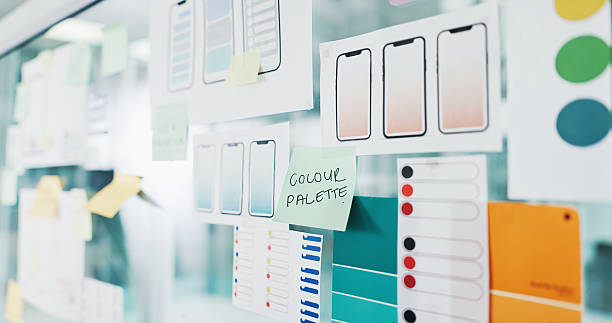 istock Color palette, wireframes or glass board with sticky note for web design, planning or brainstorming. Empty, paper or template with UI blueprints for mobile app, software development or UX ideas 2248923036