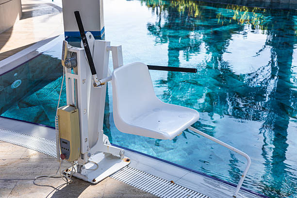 istock A poolside scene featuring a white pool lift beside a clear blue swimming pool. Lush greenery and a wooden bridge are visible in the background. 2248923728